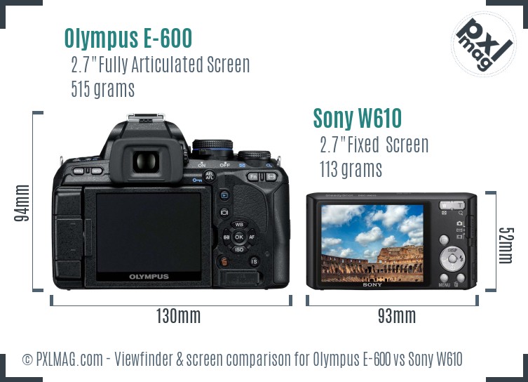 Olympus E-600 vs Sony W610 Screen and Viewfinder comparison