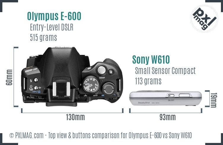 Olympus E-600 vs Sony W610 top view buttons comparison