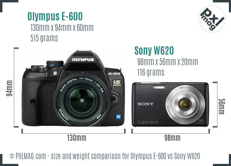 Olympus E-600 vs Sony W620 size comparison