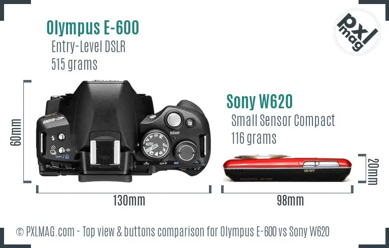 Olympus E-600 vs Sony W620 top view buttons comparison