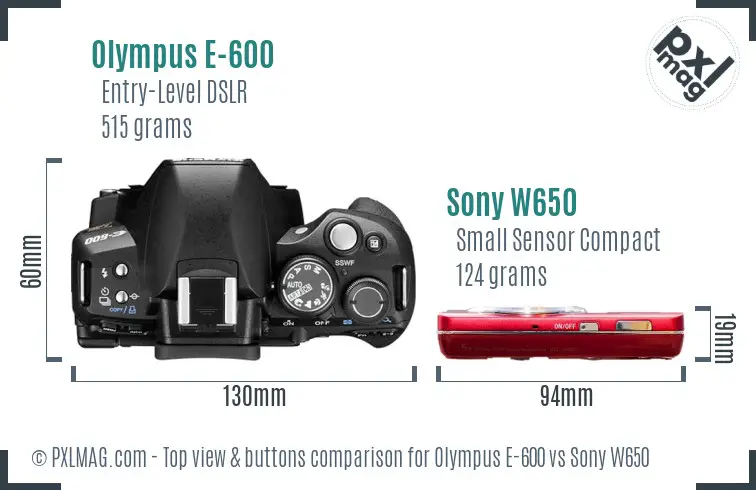 Olympus E-600 vs Sony W650 top view buttons comparison