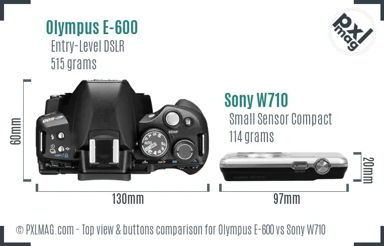 Olympus E-600 vs Sony W710 top view buttons comparison