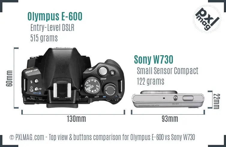 Olympus E-600 vs Sony W730 top view buttons comparison