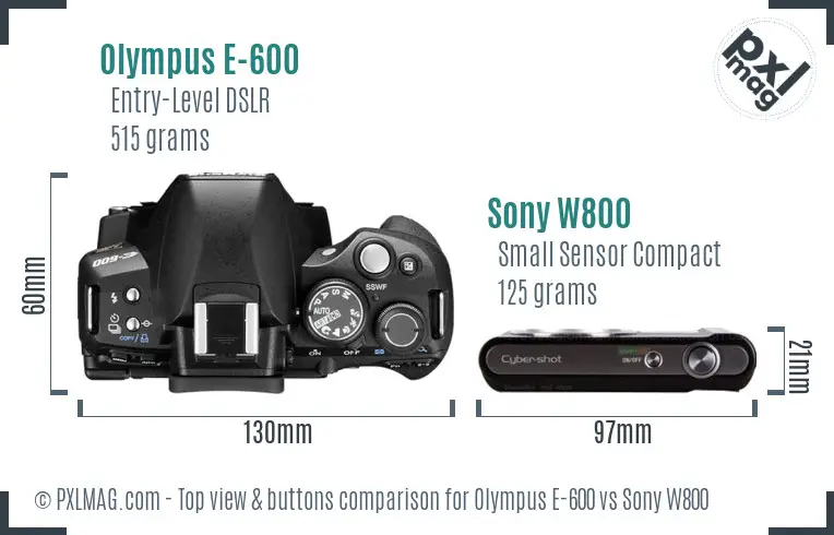 Olympus E-600 vs Sony W800 top view buttons comparison Olympus E-600 vs Sony W800 top view buttons comparison