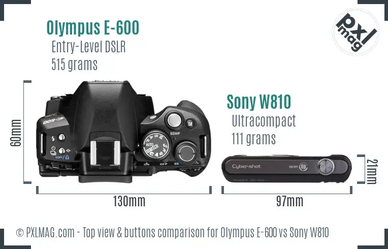 Olympus E-600 vs Sony W810 top view buttons comparison