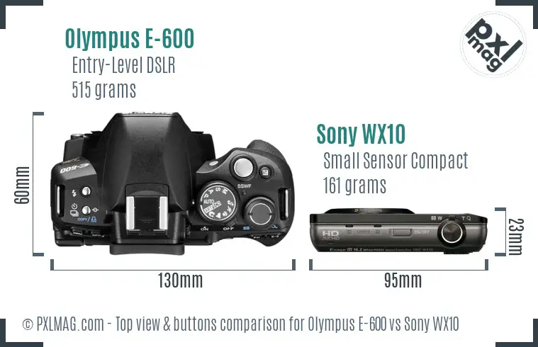 Olympus E-600 vs Sony WX10 top view buttons comparison