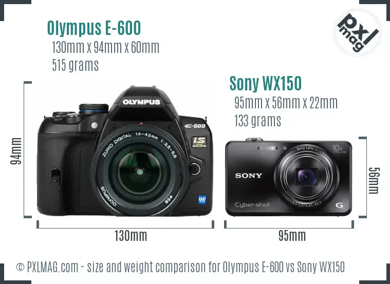 Olympus E-600 vs Sony WX150 size comparison