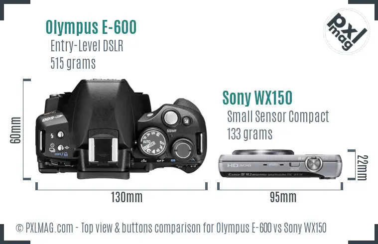 Olympus E-600 vs Sony WX150 top view buttons comparison