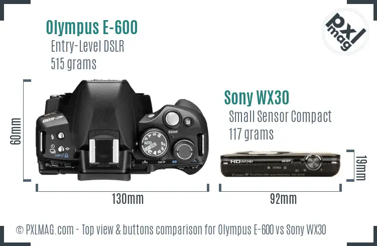 Olympus E-600 vs Sony WX30 top view buttons comparison