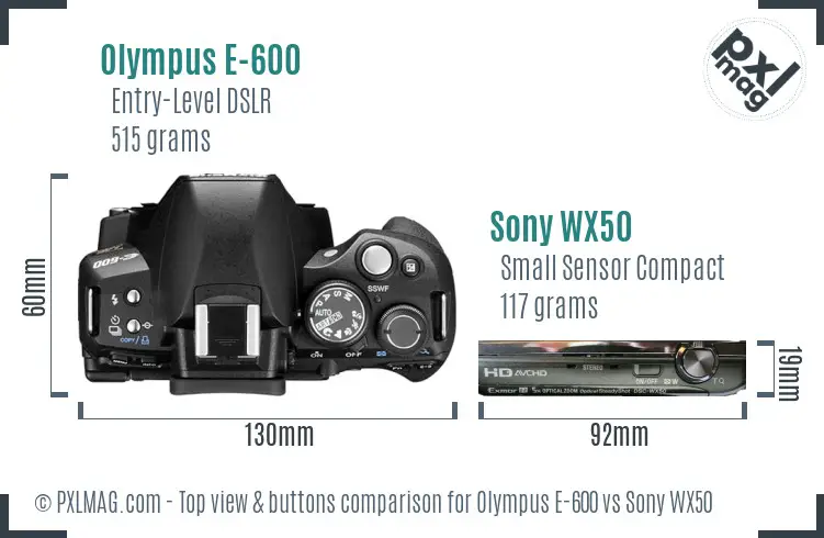 Olympus E-600 vs Sony WX50 top view buttons comparison