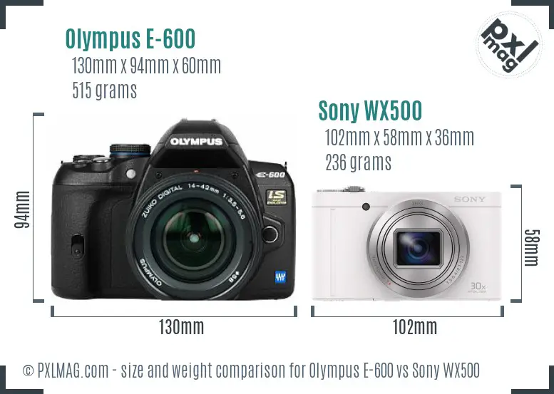 Olympus E-600 vs Sony WX500 size comparison