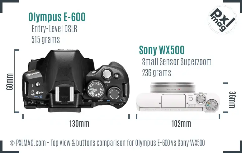 Olympus E-600 vs Sony WX500 top view buttons comparison