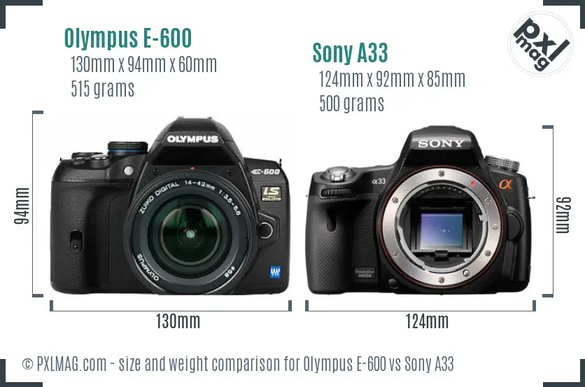 Olympus E-600 vs Sony A33 size comparison