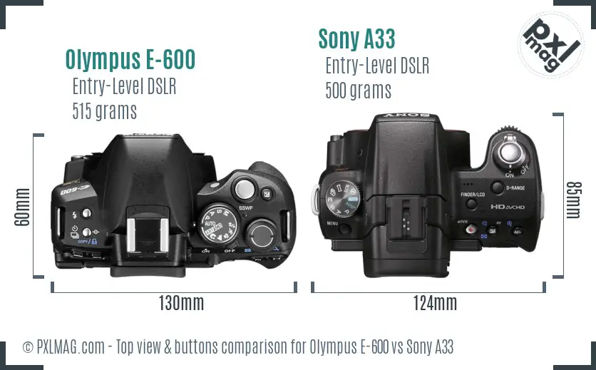 Olympus E-600 vs Sony A33 top view buttons comparison