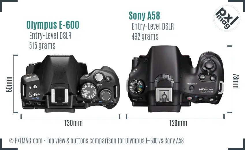 Olympus E-600 vs Sony A58 top view buttons comparison