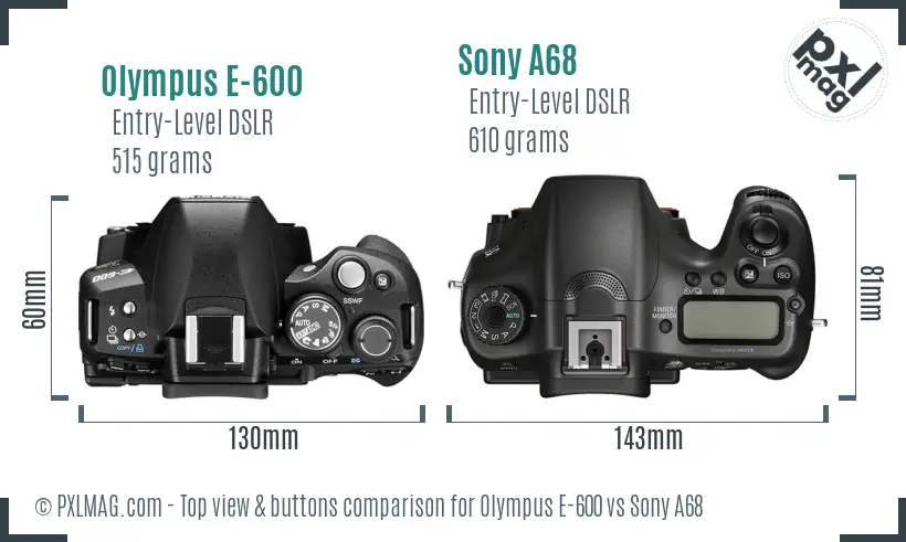 Olympus E-600 vs Sony A68 top view buttons comparison
