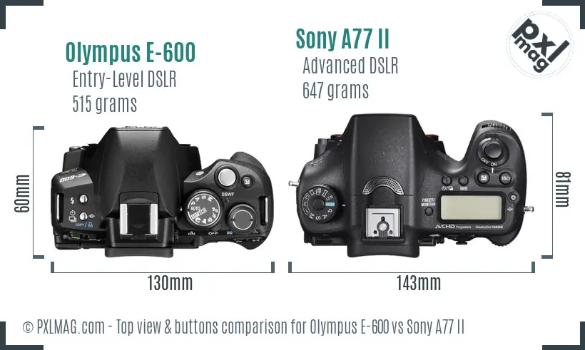 Olympus E-600 vs Sony A77 II top view buttons comparison