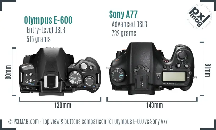 Olympus E-600 vs Sony A77 top view buttons comparison Olympus E-600 vs Sony A77 top view buttons comparison