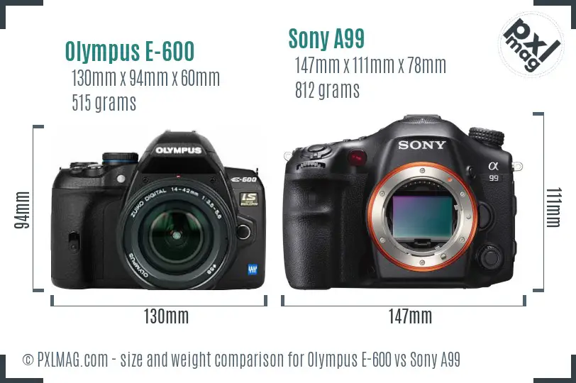 Olympus E-600 vs Sony A99 size comparison