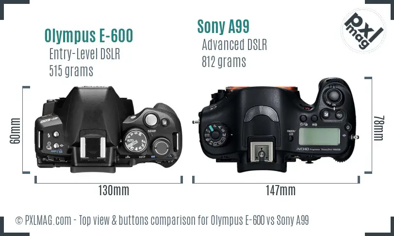 Olympus E-600 vs Sony A99 top view buttons comparison