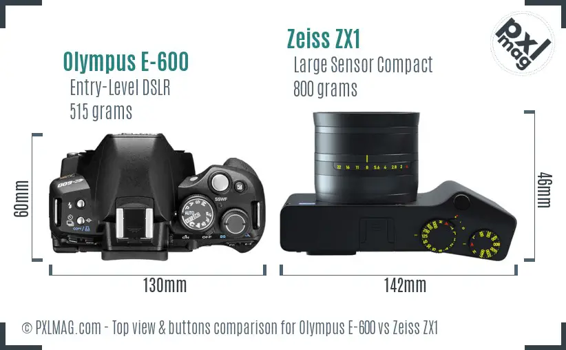 Olympus E-600 vs Zeiss ZX1 top view buttons comparison
