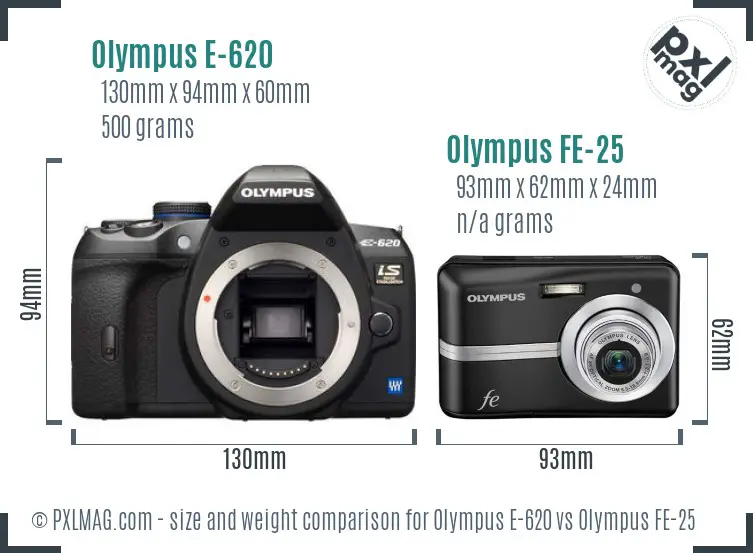Olympus E-620 vs Olympus FE-25 size comparison