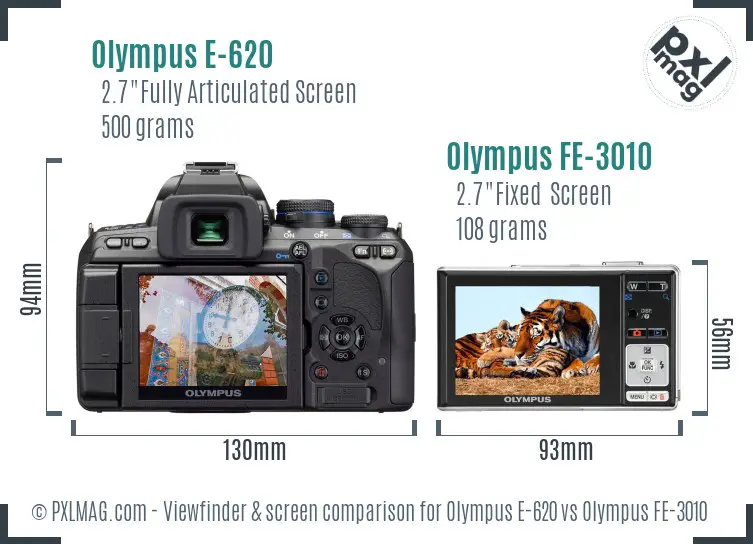 Olympus E-620 vs Olympus FE-3010 Screen and Viewfinder comparison