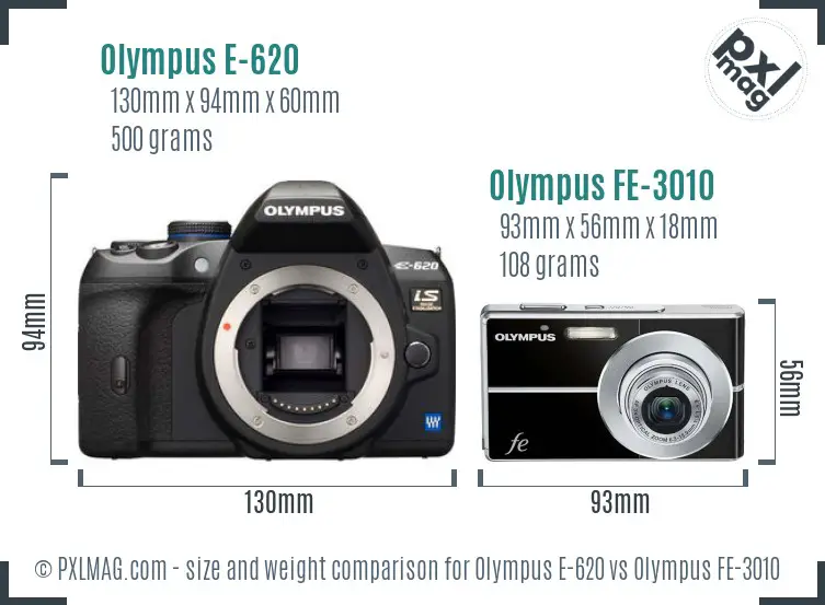 Olympus E-620 vs Olympus FE-3010 size comparison