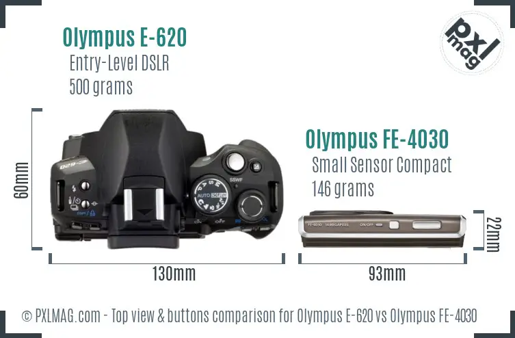 Olympus E-620 vs Olympus FE-4030 top view buttons comparison
