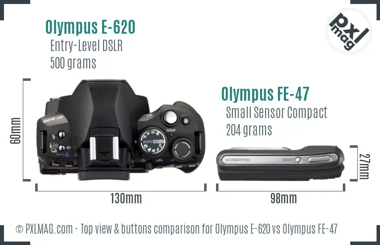 Olympus E-620 vs Olympus FE-47 top view buttons comparison