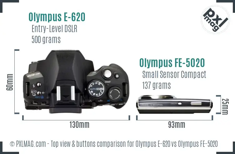Olympus E-620 vs Olympus FE-5020 top view buttons comparison