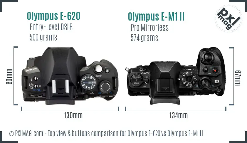 Olympus E-620 vs Olympus E-M1 II top view buttons comparison