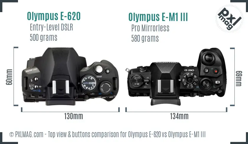 Olympus E-620 vs Olympus E-M1 III top view buttons comparison