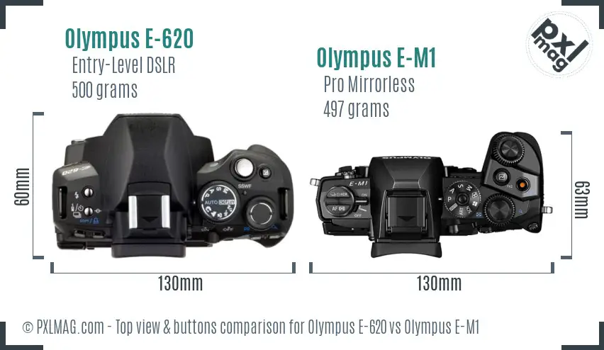 Olympus E-620 vs Olympus E-M1 top view buttons comparison