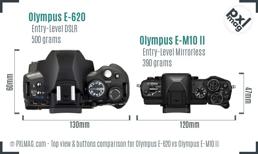 Olympus E-620 vs Olympus E-M10 II top view buttons comparison