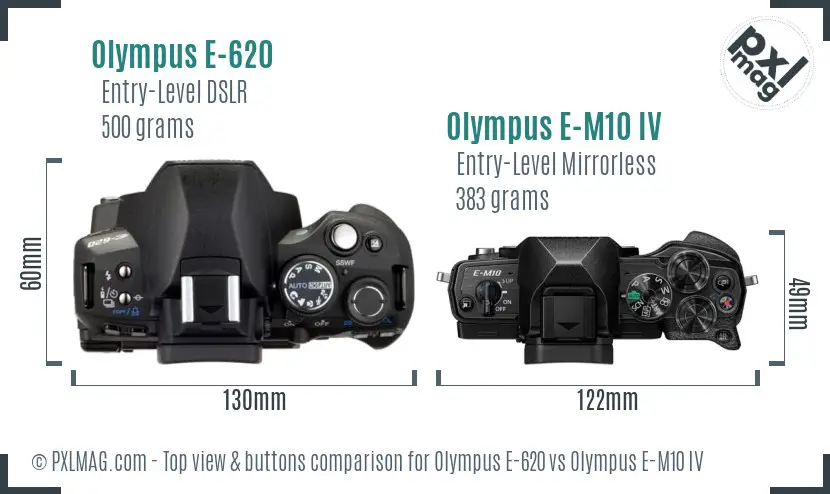 Olympus E-620 vs Olympus E-M10 IV top view buttons comparison