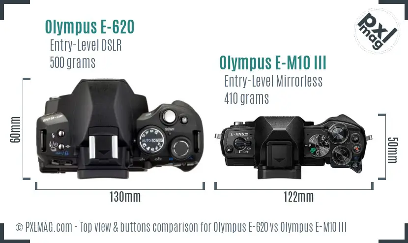 Olympus E-620 vs Olympus E-M10 III top view buttons comparison