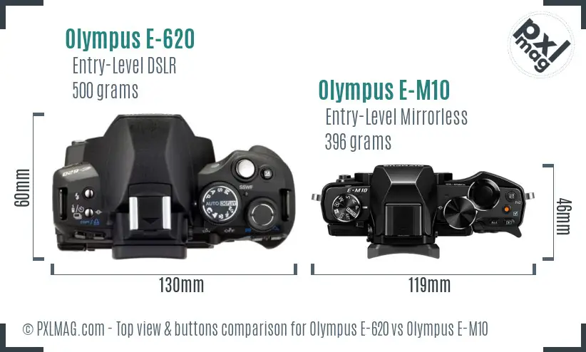 Olympus E-620 vs Olympus E-M10 top view buttons comparison