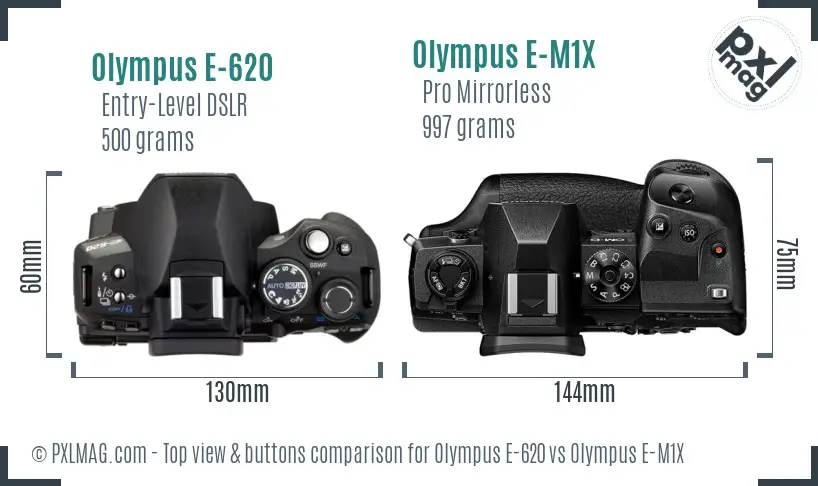 Olympus E-620 vs Olympus E-M1X top view buttons comparison