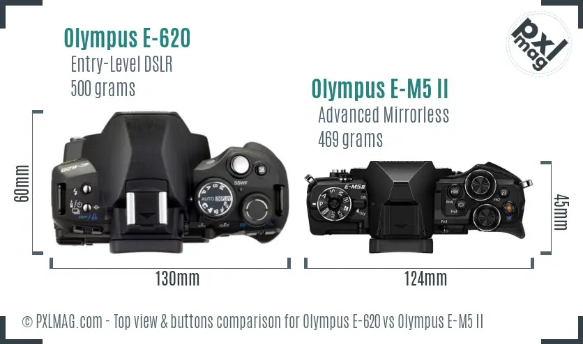 Olympus E-620 vs Olympus E-M5 II top view buttons comparison