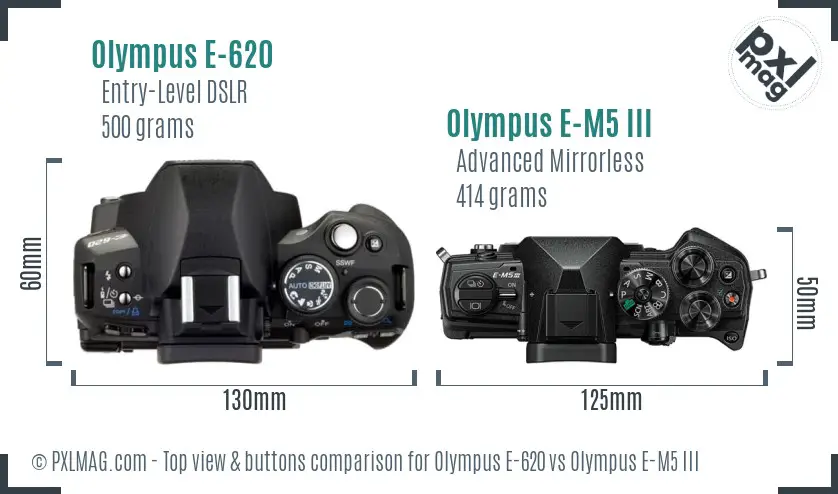 Olympus E-620 vs Olympus E-M5 III top view buttons comparison