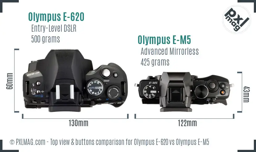 Olympus E-620 vs Olympus E-M5 top view buttons comparison