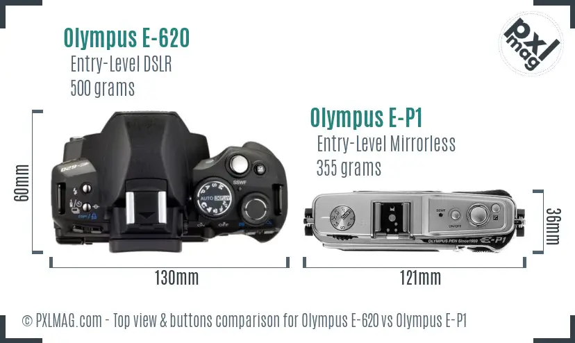 Olympus E-620 vs Olympus E-P1 top view buttons comparison