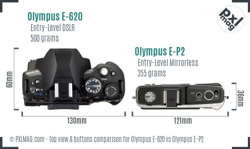 Olympus E-620 vs Olympus E-P2 top view buttons comparison