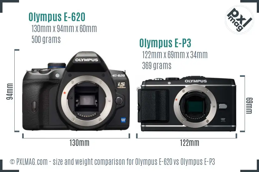Olympus E-620 vs Olympus E-P3 size comparison
