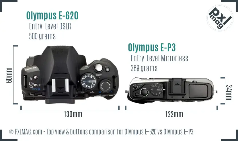 Olympus E-620 vs Olympus E-P3 top view buttons comparison