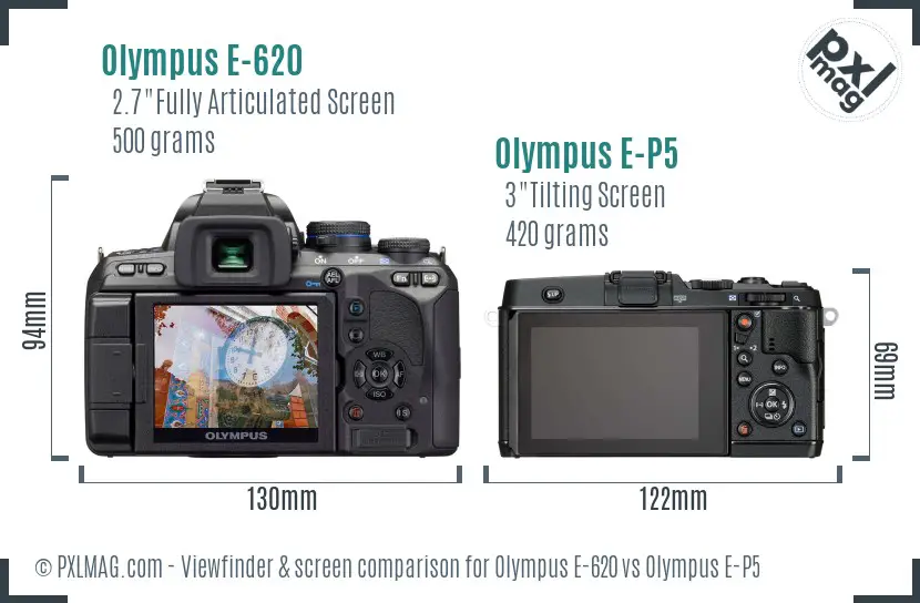 Olympus E-620 vs Olympus E-P5 Screen and Viewfinder comparison
