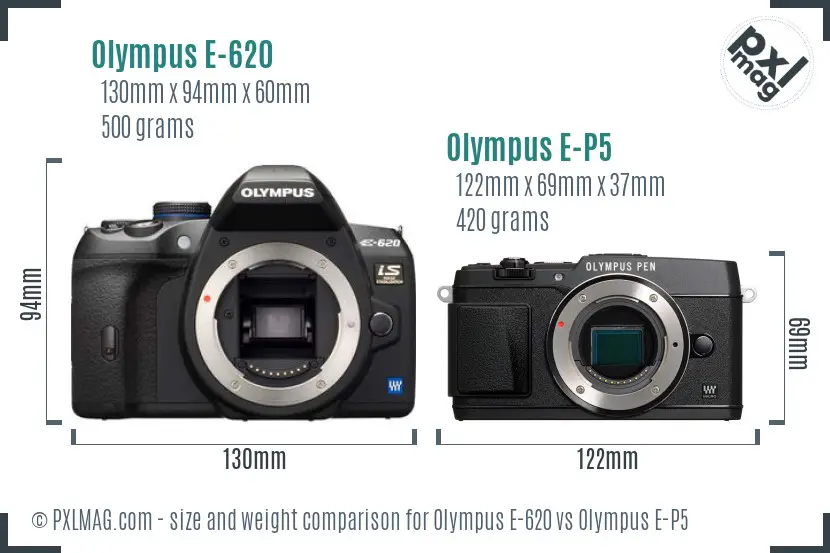 Olympus E-620 vs Olympus E-P5 size comparison