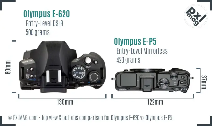 Olympus E-620 vs Olympus E-P5 top view buttons comparison