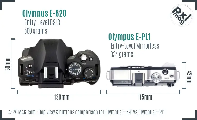 Olympus E-620 vs Olympus E-PL1 top view buttons comparison